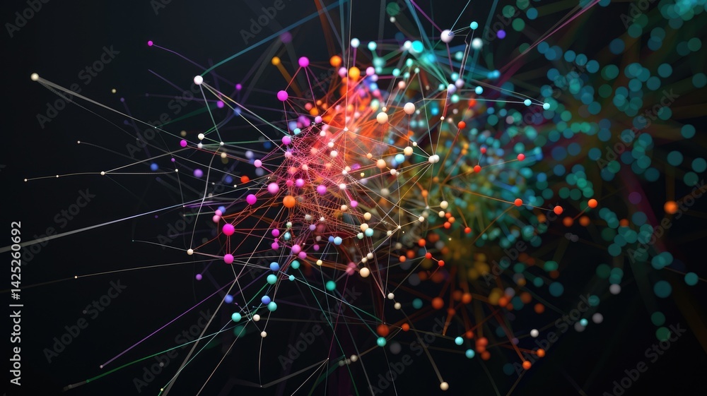 Poster abstract digital network with interconnected nodes and lines on a black background. glowing vibrant 