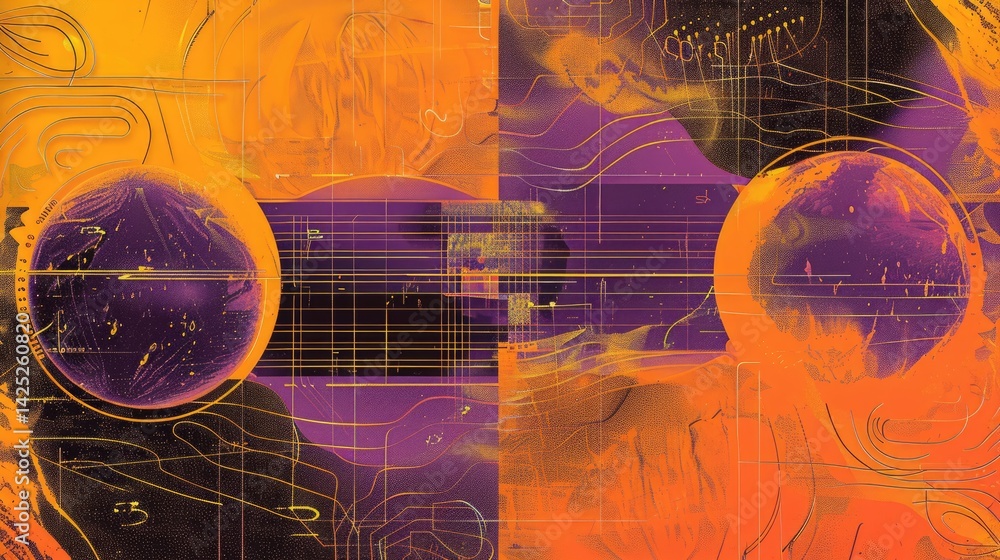 Poster abstract wall art with dark and vibrant orange and purple textures. modern interior design concept. 