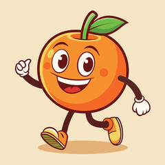 Groovy orange mascot. Funky retro character. cartoon apple, smiling, walking. Funny vintage trendy style character. Doodle Comic collection 