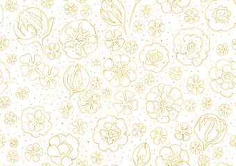 Seamless pattern with golden contours of abstract simple flowers on white background. Elegance floral backdrop. Romantic floral background.