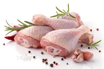 Hyper-realistic food photography composition featuring raw chicken legs with natural pink hues and a fresh, smooth texture for a clean and appetizing display
