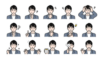 カジュアルな若い男性の様々な表情バリエーションセット