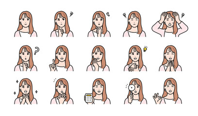 ロングヘアの若い女性の様々な表情バリエーションセット