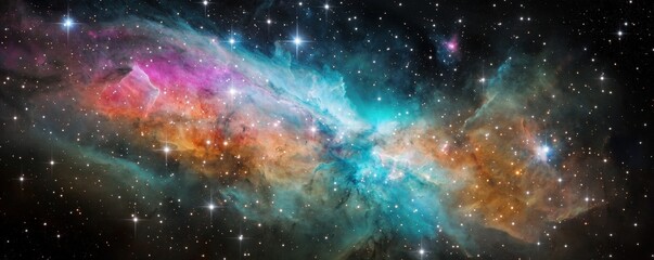 Naklejka premium A vibrant cosmic landscape featuring colorful nebulae and sparkling stars, showcasing the beauty of the universe.