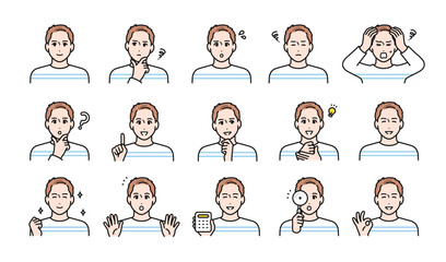 カジュアルな若い男性の様々な表情バリエーションセット
