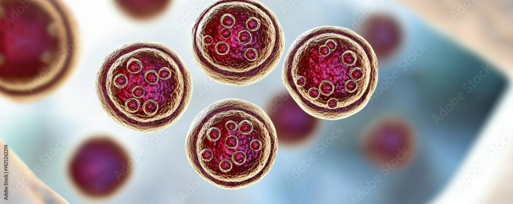 Poster a close-up view of spherical cells with distinct internal structures, showcasing a vibrant color con
