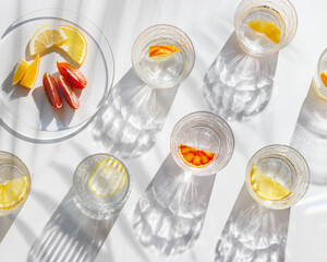 Citrus Infused Water in clear Glasses casting artistic light rainbow reflections and shadows at sunlight. Summer drink concept, minimal style pattern, flavored water with yellow red slices of fruit