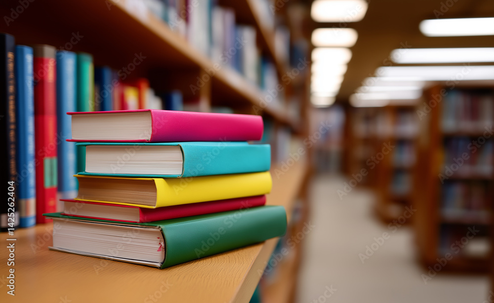 Poster stack of colorful books on a wooden shelf in a quiet library filled with rows of bookshelves.