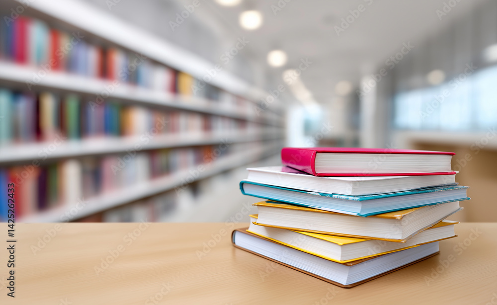 Poster stack of colorful books on a wooden shelf in a quiet library filled with rows of bookshelves.