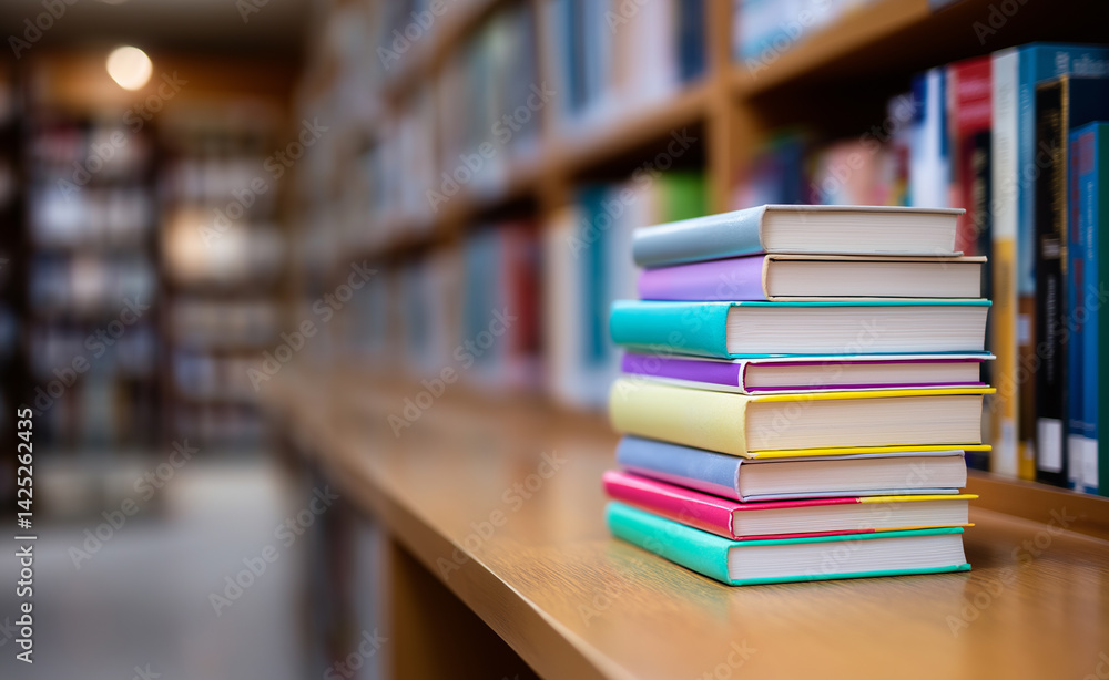 Poster stack of colorful books on a wooden shelf in a quiet library filled with rows of bookshelves.