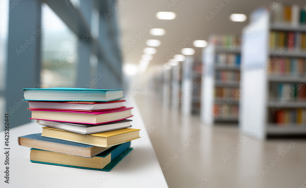 Poster stack of colorful books on a wooden shelf in a quiet library filled with rows of bookshelves.