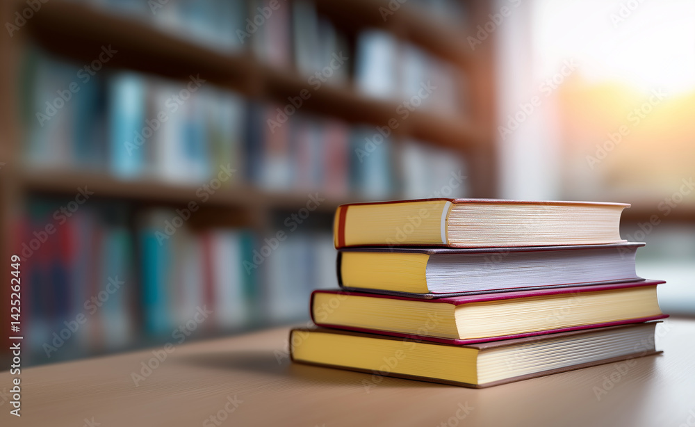 Poster stack of colorful books on a wooden shelf in a quiet library filled with rows of bookshelves.