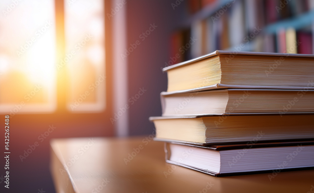 Poster stack of colorful books on a wooden shelf in a quiet library filled with rows of bookshelves.