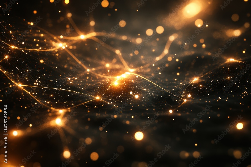 Poster glowing, sparkling golden lights with connecting lines on a dark background. use to represent techno