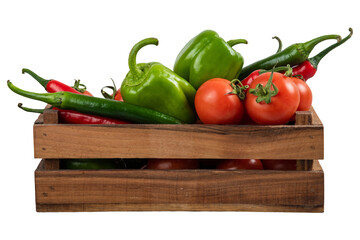 Wooden box full of fresh vegetables on a transparent background