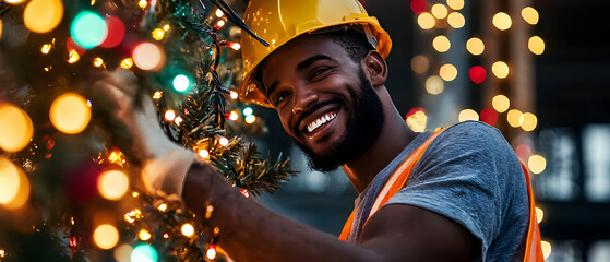 Worker Installs Christmas Lights