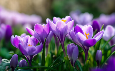 Cluster of blooming purple crocuses in a sunlit garden signaling the arrival of spring.

