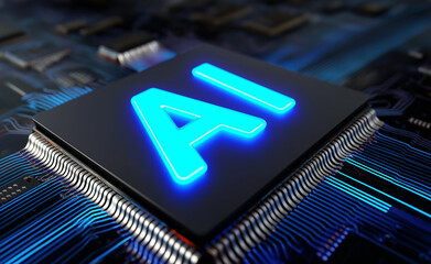 Close-up of a glowing AI microchip on a digital circuit board representing artificial intelligence technology.
