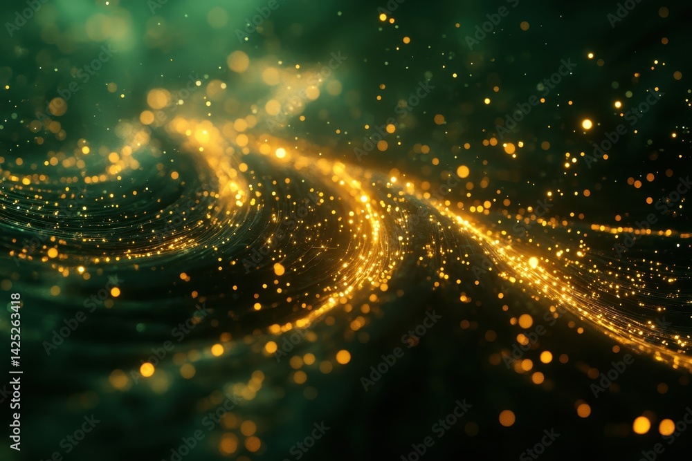 Aufkleber emerald green background with glittering gold particles flow. perfect for adding magic and wonder to