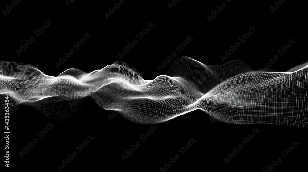 Poster abstract wavy line grid in motion with glitch style distortion on black background, creating a sense