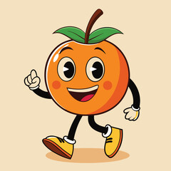 Groovy orange mascot. Funky retro character. cartoon apple, smiling, walking. Funny vintage trendy style character. Doodle Comic collection 