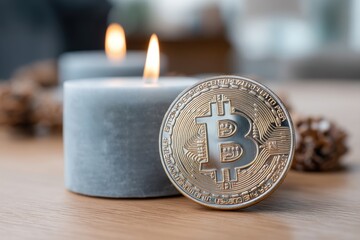 Bitcoin coin standing beside burning candle symbolizing the fusion of modern cryptocurrency with traditional ambiance in a cozy interior scene