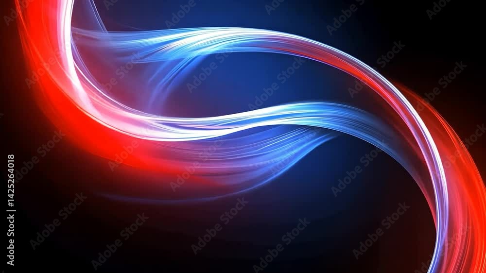 Poster abstract swirling red and blue light patterns.