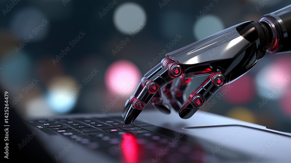 Poster futuristic robotic hand with glowing red joints typing on a laptop keyboard in a dark high-tech sett