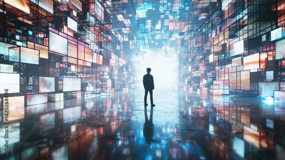 Poster a silhouette of a human figure interacts with an expansive digital environment filled with colorful 