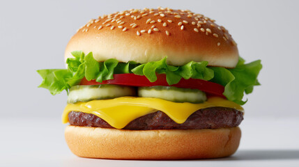 Juicy cheeseburger with melted cheese, beef patty, pickles, onions, and lettuce in a sesame seed bun.
