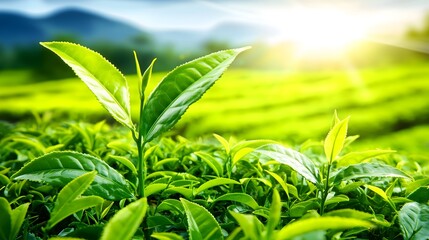 Obraz premium Tea Plantation Under Sunlight: A close-up shot of vibrant green tea leaves with the bright sunlight, evoking a sense of freshness, natural beauty and serene calmness.