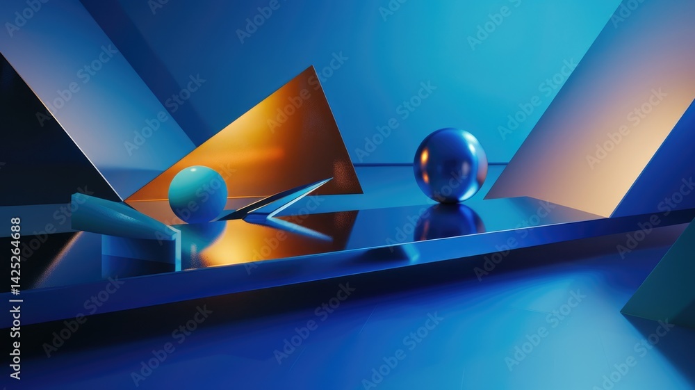 Poster floating transparent geometric shapes with reflective surfaces. digital artwork of 3d rendering geom