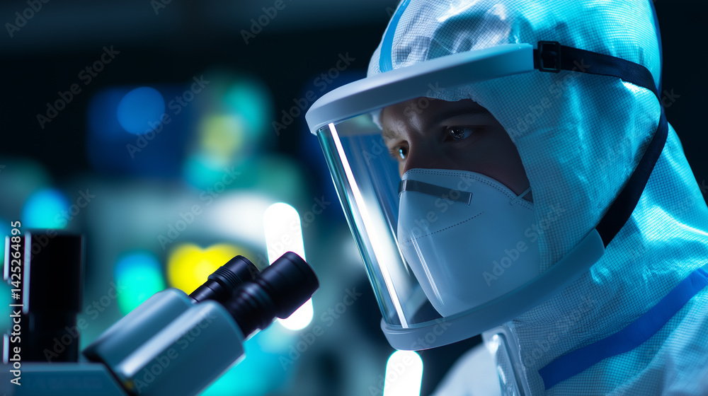 Poster scientist in full protective gear using a microscope in a high-tech laboratory under blue lighting.