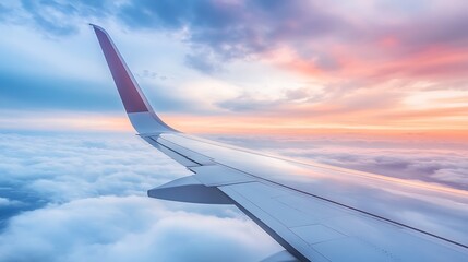 Obraz premium Airplane wing over clouds at sunset