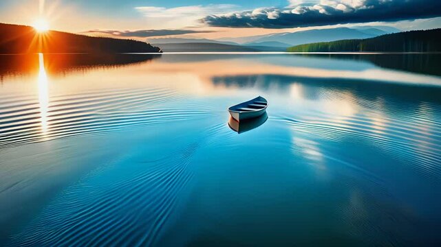boat in the dea with sunset over water
