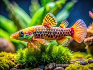 Fototapeta premium Chinese Algae Eater Fish Cleaning Aquarium, Gyrinocheilus Aymonieri, Honey Sucker Fish, Freshwater Fish, Aquarium Cleaning, Algae Removal, Moss Eating Fish, Asian Fish, Gyrinocheilidae