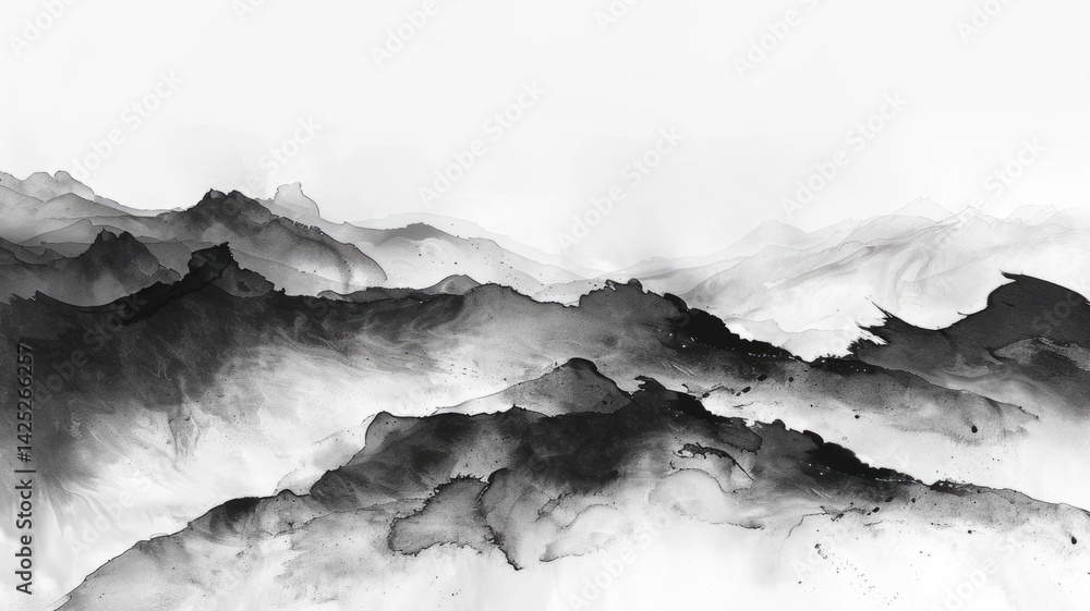 Poster abstract black ink swirls on a white background. digital art for design of black ink chinese brushst