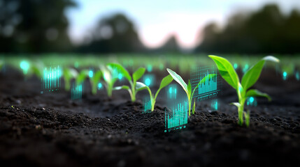 Young green plants growing in soil with digital data graphics overlaying the field, symbolizing smart agriculture.

