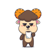 Cute ram cartoon vector illustration is tired and sleepy holding coffee