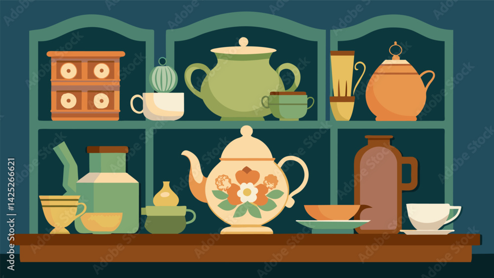Poster a display of antique tea sets and china showcasing the shops unique and eclectic finds.. vector illu