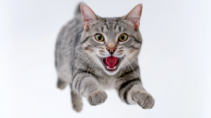 Obraz premium Excited gray tabby cat mid-leap with paws outstretched and mouth open against a white background. 