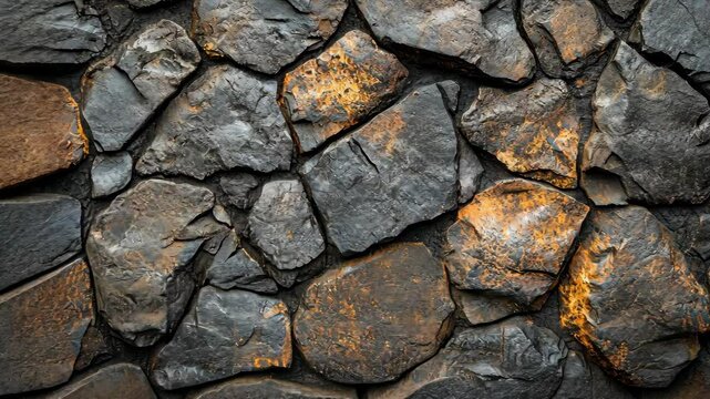 Stone Wall Close-up of rustic texture with interlocking stones, outdoor setting