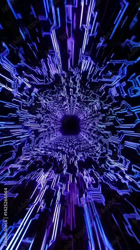 Poster futuristic video concept with a digital tunnel effect. high-angle view showcasing glowing blue circu