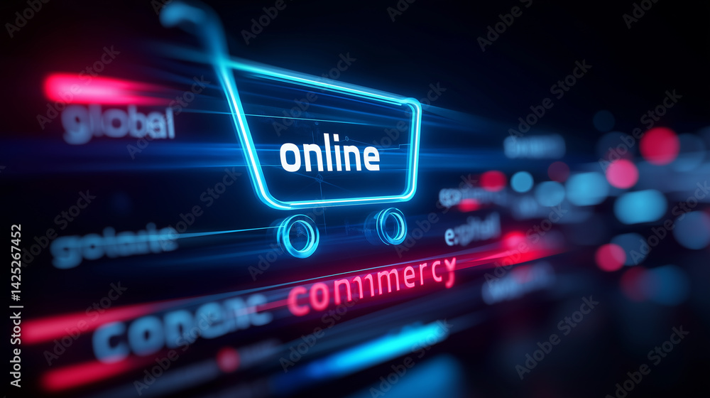 Poster glowing shopping cart icon with the word 