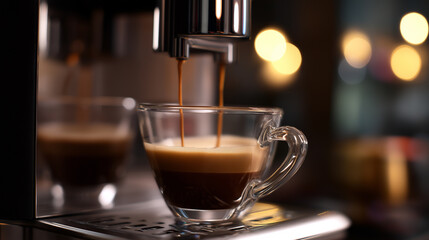 Fresh espresso pouring into a glass cup from a coffee machine in a warm, cozy caf&eacute; setting.
