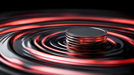 A circular object rests on rippling black and red surfaces, creating a dynamic visual effect.