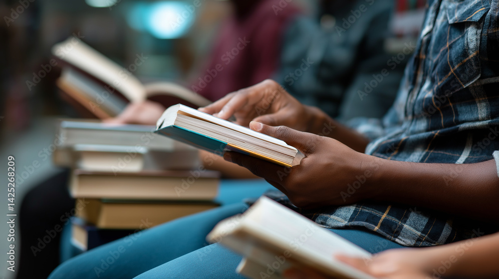 Poster people sitting in a row reading books, focused on pages with a stack of books on their laps.