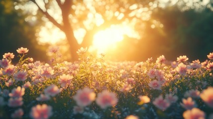 Beautiful sunset over a field of flowers