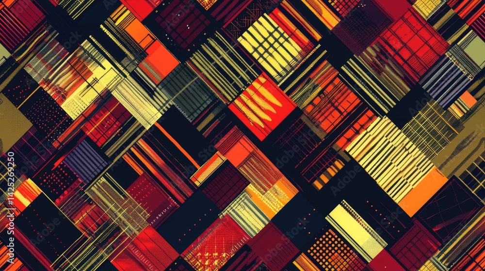 Poster abstract geometric pattern with colorful rectangles and thin lines on a dark background. digital art