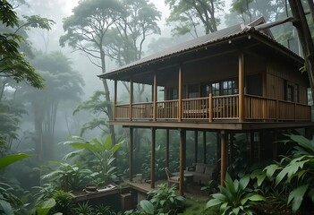 Fototapeta premium Misty Rainforest Treehouse: Serene Wooden Retreat in Lush Tropical Foliage